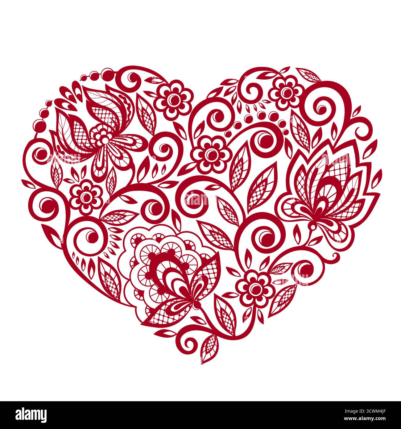 Silhouette von Herzspitzenblumen, Blättern. Isoliert auf weiß. Stock Vektor