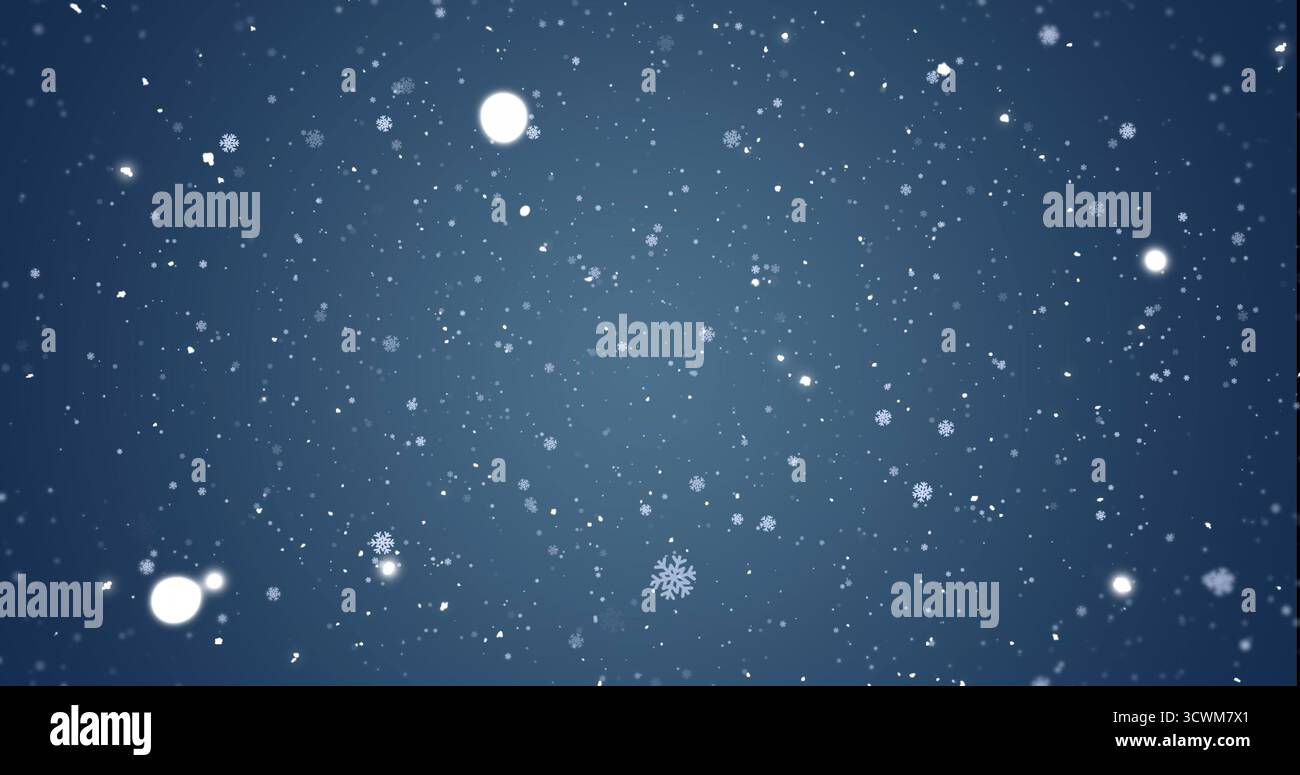 Bild von Schneeflocken, die auf blauem Hintergrund fallen Stockfoto