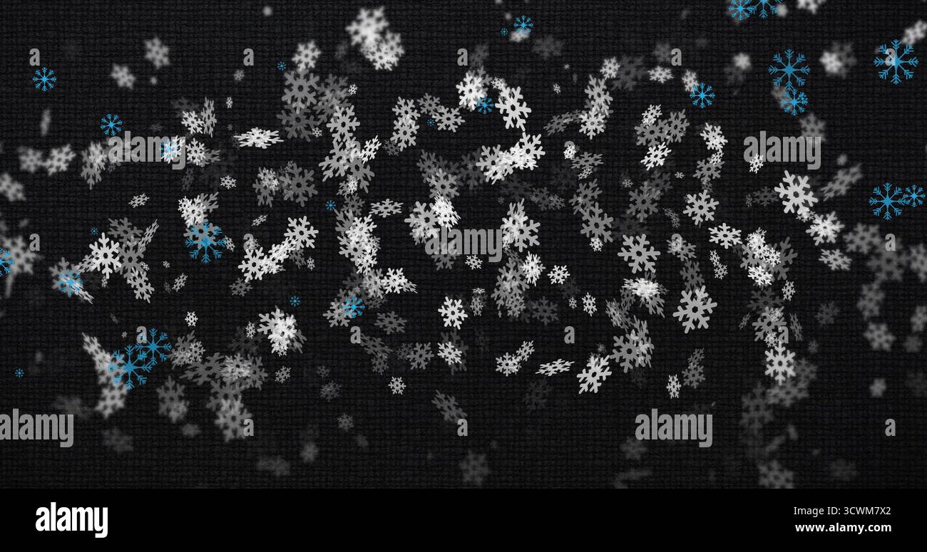 Bild von Schneeflocken, die auf schwarzem Hintergrund fallen Stockfoto