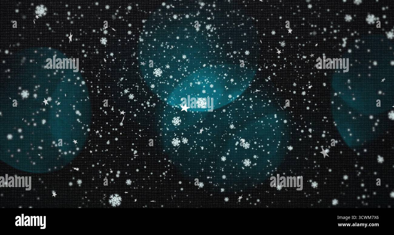 Bild von Schneeflocken, die auf schwarzem Hintergrund fallen Stockfoto