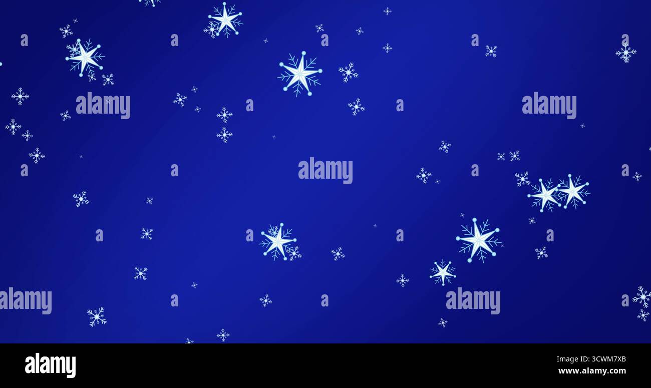 Bild von Schneeflocken, die auf blauem Hintergrund fallen Stockfoto