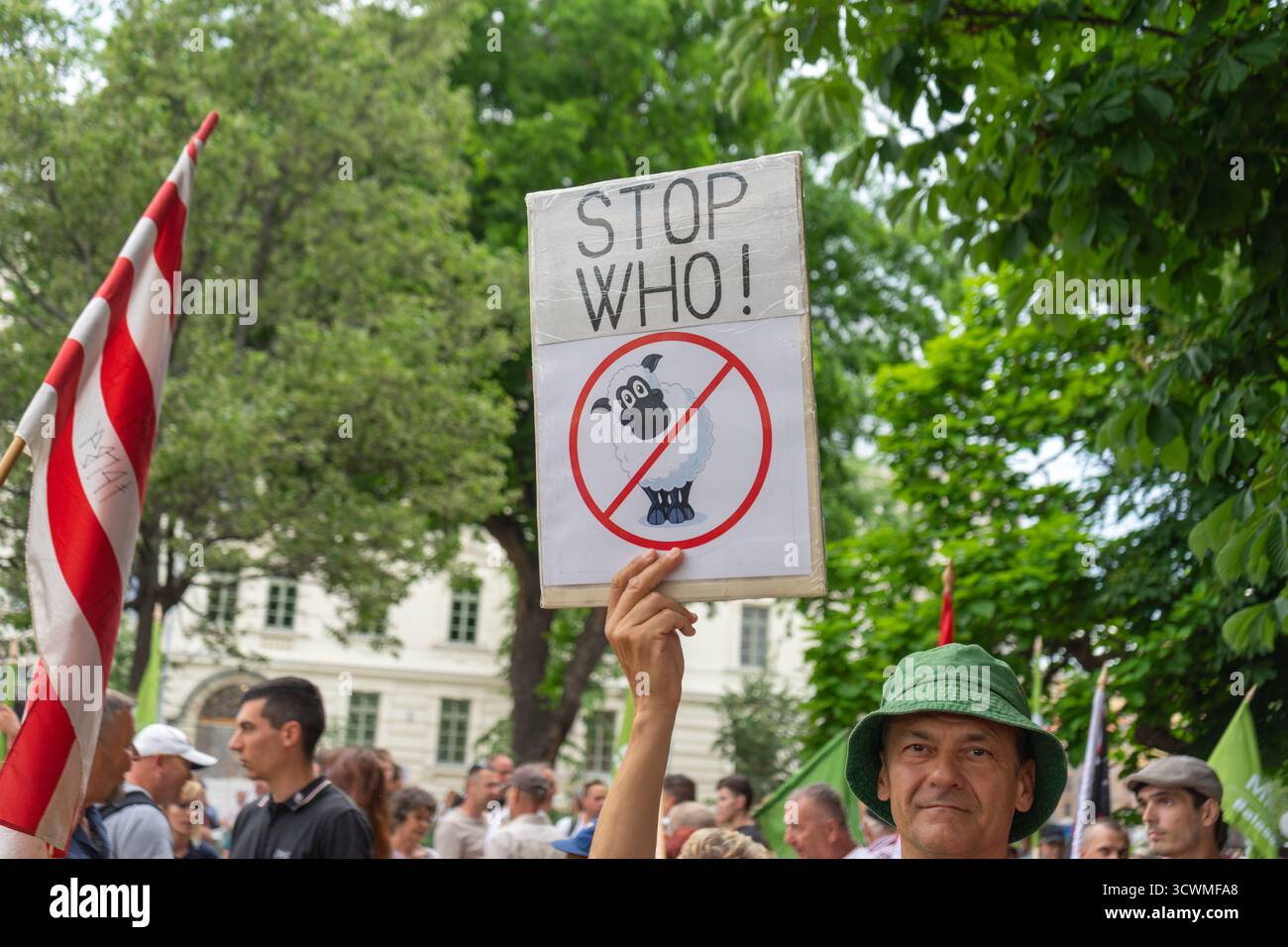 Profis von Mi Hazánk Mozgalom halten ein Schild mit der Aufschrift „STOP WHO!“ Während einer Demonstration in Budapest. Stockfoto