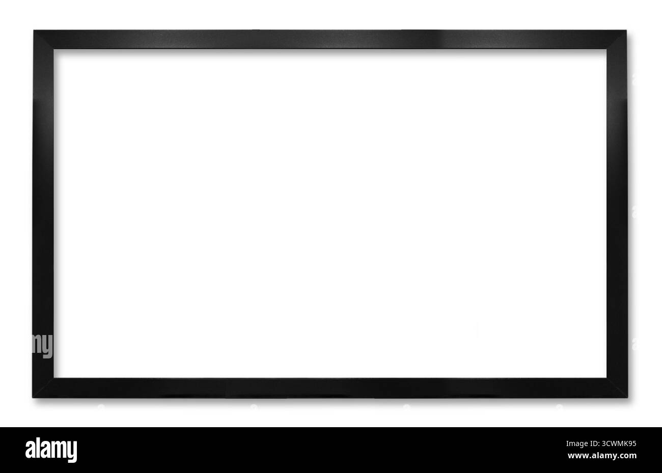Schlanker, horizontaler Bilderrahmen aus schwarzem Metall mit dickem, modernem Rand. Die Mitte ist vollständig weiß und leer, sodass ausreichend Platz für Text o zur Verfügung steht Stockfoto