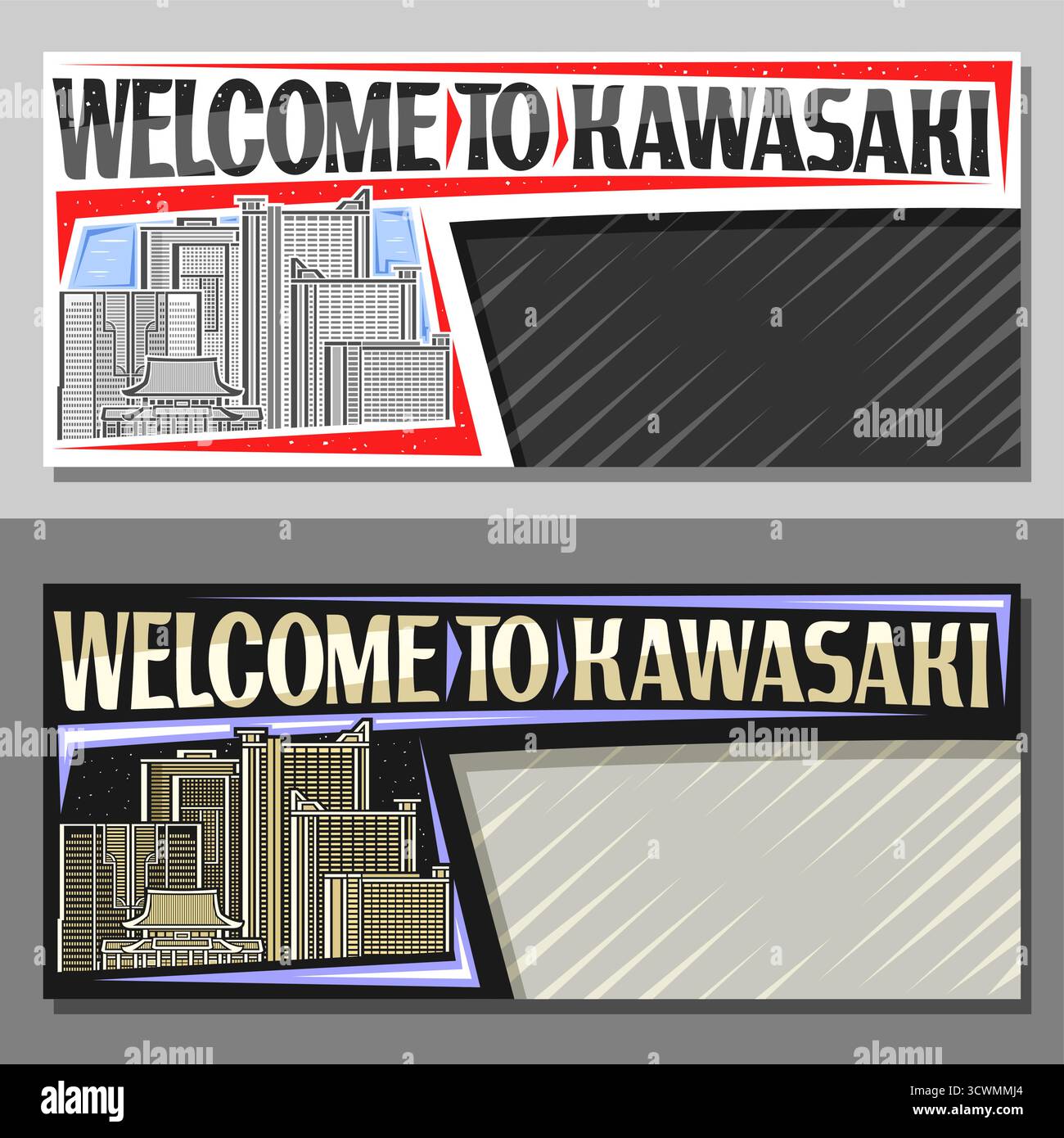 Vektorlayout für Kawasaki mit Copyspace, dekorative Einladung mit Umrissillustration der kawasaki Stadtlandschaft am Tag und Abenddämmerung Hintergrund, Kunst Stock Vektor