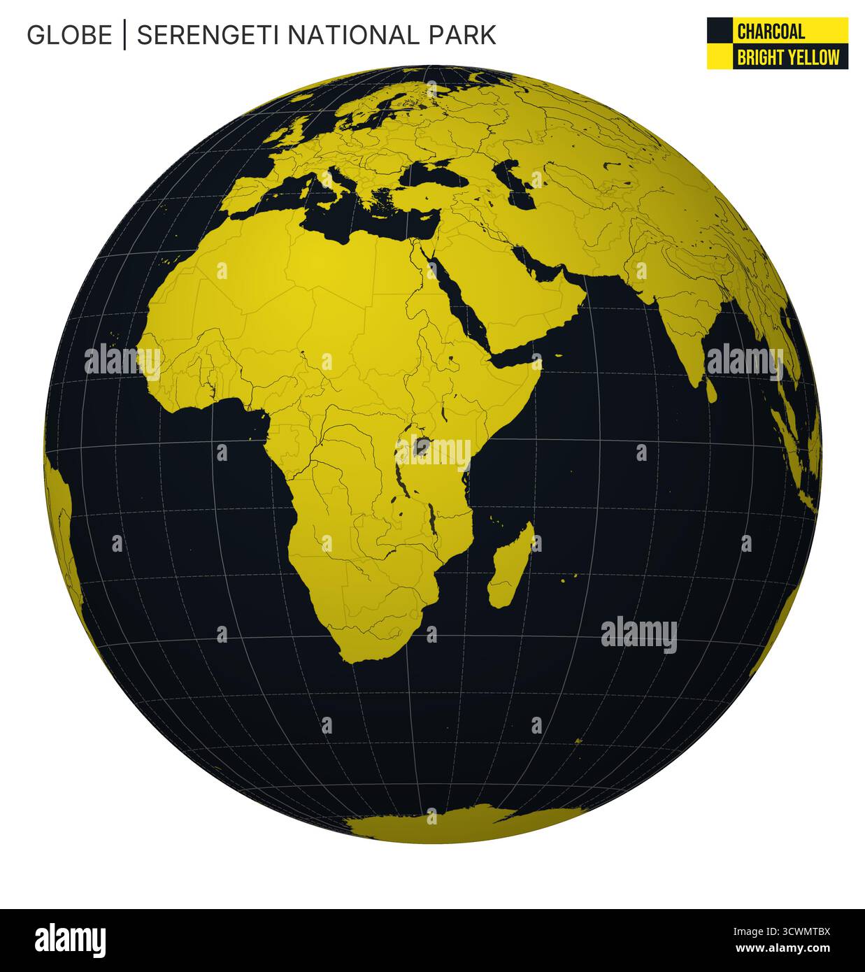 Vektorkugel mit Schwerpunkt auf dem Serengeti-Nationalpark, gerendert mit einer Holzkohle- und hellgelben Palette. Stock Vektor