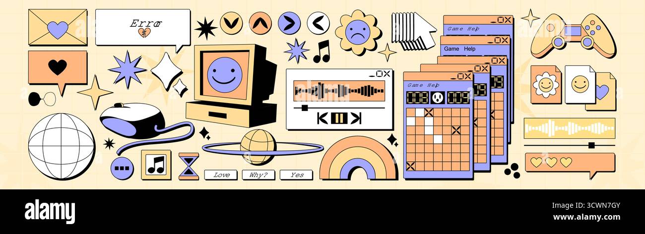 Nostalgisches y2k-Sticker-Fensterset mit Retro-Computermonitor, Fehlerdialogen und Spielschnittstellen für Webdesign. Pastellorange und violette Elemente mit lächelnden Gesichtern, Herzen und Musikspielern. Stock Vektor