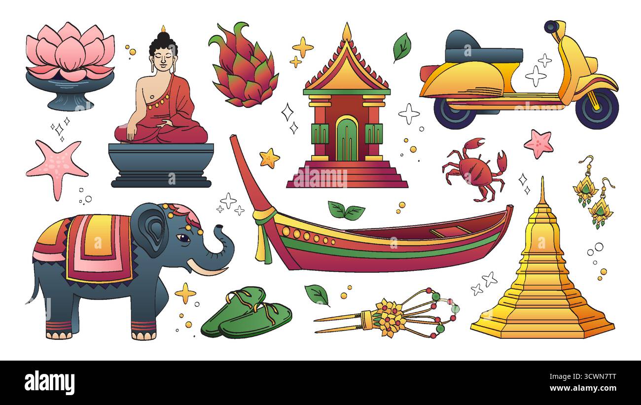 Thailändische Kultur-Ikonen mit Buddha-Statue, Lotusblume, Tempel und traditionellem Elefant für Tourismus Design. Farbenfrohe Boot- und Motorroller, Pagode, Krabben und dekorative Elemente. Symbole des asiatischen Kulturerbes Stock Vektor