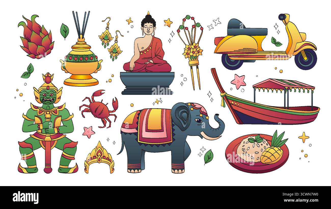 Traditionelle thailändische Kultursymbole auf weißem Hintergrund. Vektor-Karikaturillustration der Buddha-Statue, asiatischen Elefanten, thailändischen nationalen Speisen, Tosakan-Tanzmaskottchen, Motorrad und Boot Stock Vektor
