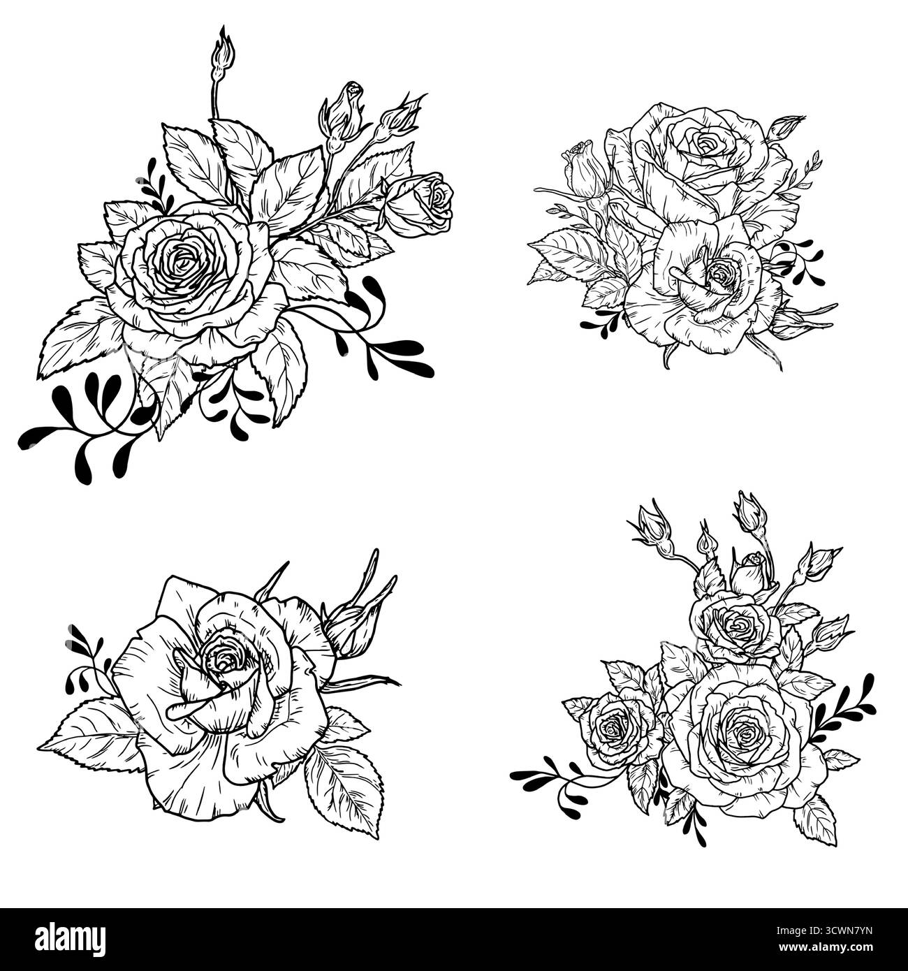 Rosenstrauß mit Knospen und Blütenblättern, schwarz-weiße Skizze. Vektorabbildung. Eine Reihe von Silhouetten auf weißem Hintergrund. Sträuße von e Stock Vektor