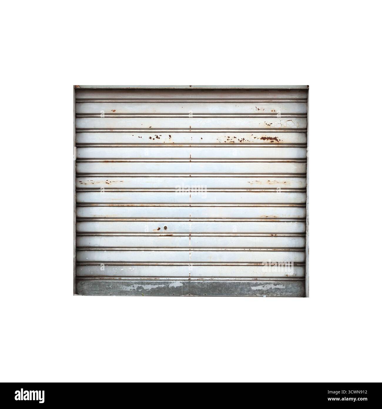 Weißes Metalltor mit Rostflecken isoliert auf weiß. Hintergrundfotostruktur Stockfoto