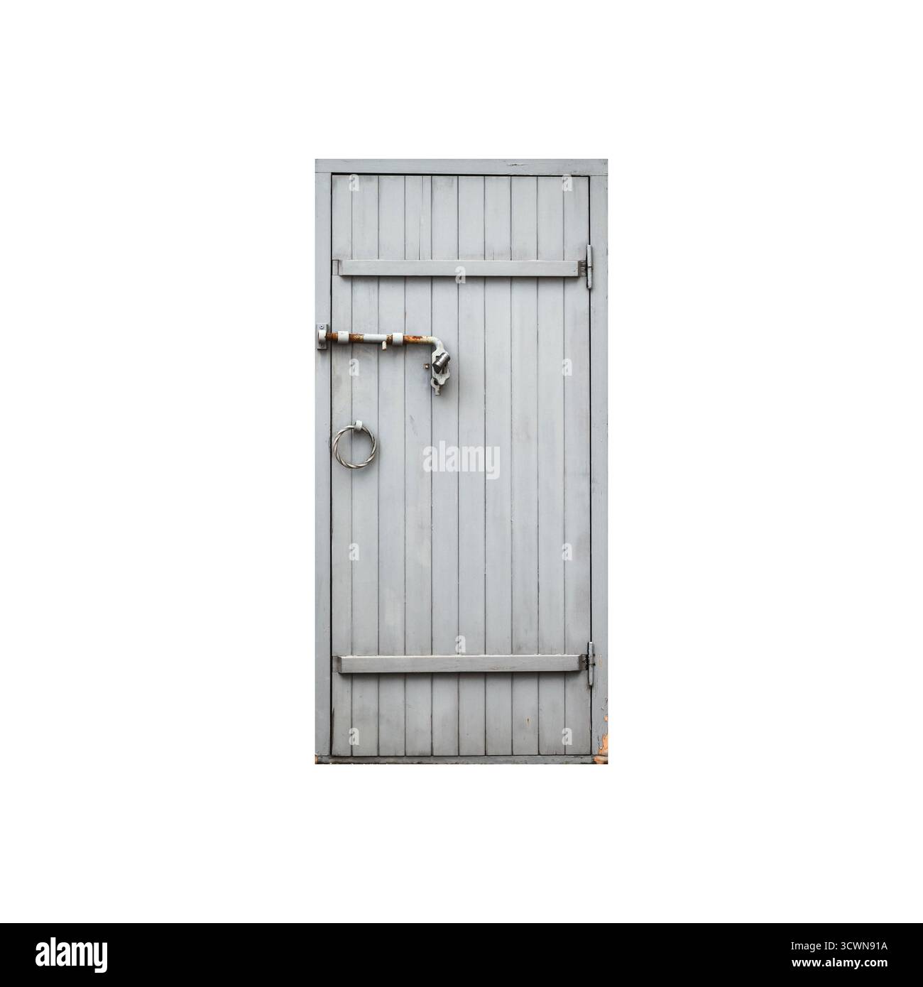 Verschlossene graue Holztür isoliert auf weißem, quadratischem Hintergrund Stockfoto