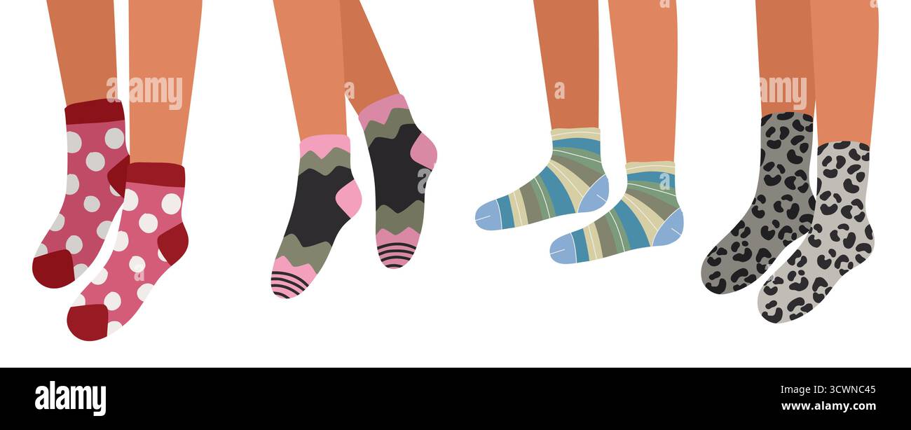 Flaches Vektor-Set aus Herren- und Damenbeinen in stilvollen gemusterten Socken mit trendigen Texturen, perfekt für Modedesign, gemütliche Wintermotive und Lifestyle i Stock Vektor