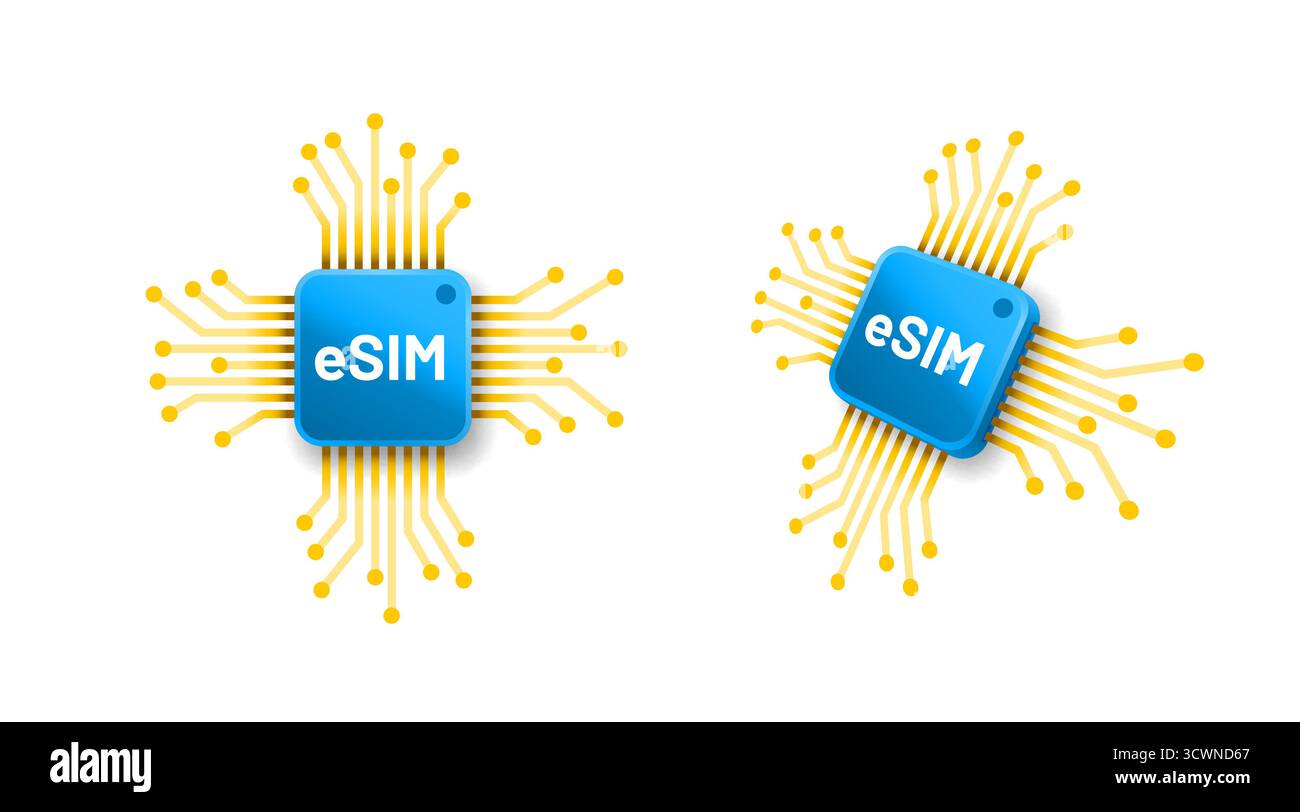 ESIM-Chiptechnologie. Modernes Design der eingebetteten SIM-Karte, das digitale mobile Kommunikation veranschaulicht. Vektorabbildung. Stock Vektor