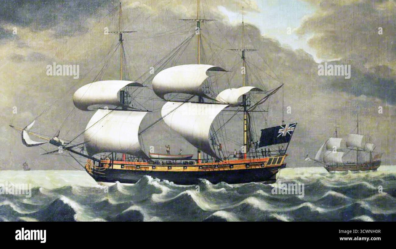 WILLIAM JACKSON (1730–1803) englischer Künstler aus Liverpool. Gemälde etwa 1780 für ein Schiff der 6. Klasse der britischen Royal Navy vor der Küste westafrikas. Links sind zwei kleine Boote mit schwarzen Figuren zwischen der Küste - ebenfalls mit schwarzen Figuren - und dem Bug des unbenannten Schiffes zu sehen. Stockfoto
