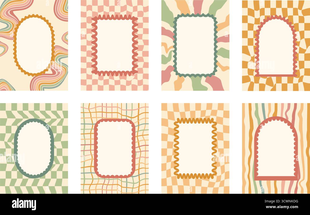 Rahmensatz für Farbrahmen. Gewellter, grooviger Bogen, rechteckige Ränder isoliert auf karierten und unebenen Regenbogenlinien Hintergrund. Y2K-Retro-Dekorationskalibrierung Stock Vektor