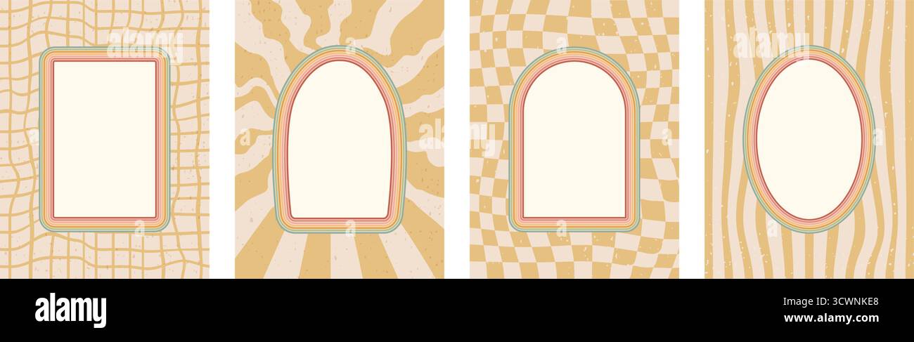 Ovaler, rechteckiger und gewölbter Rahmen Bannervorlagen-Set. Geometrische Kritzeleien mit Regenbogenstreifen. Ränder auf Distress-Linien und Raster b Stock Vektor