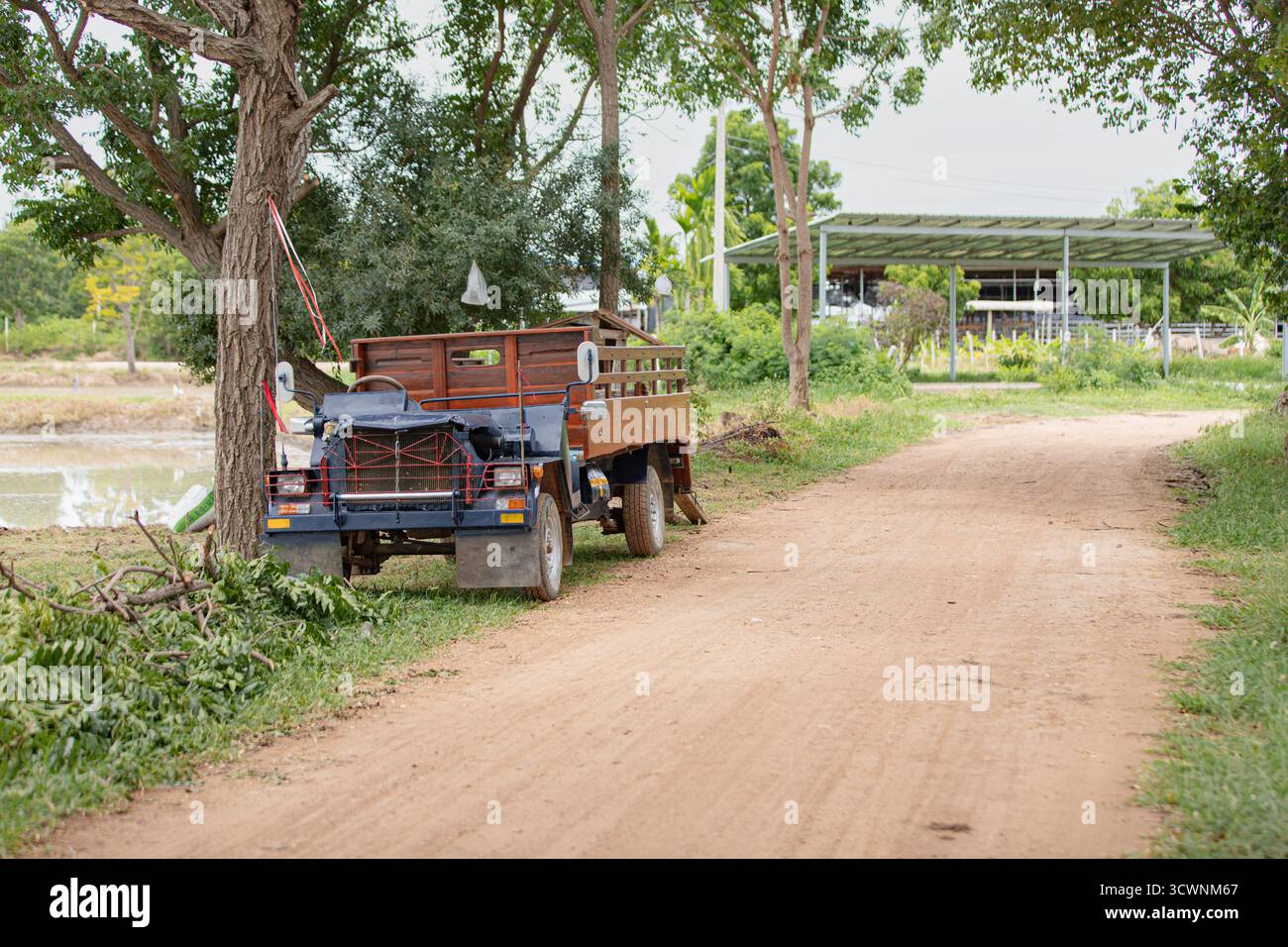 Traktor unter Baum im ländlichen Thailand geparkt Stockfoto