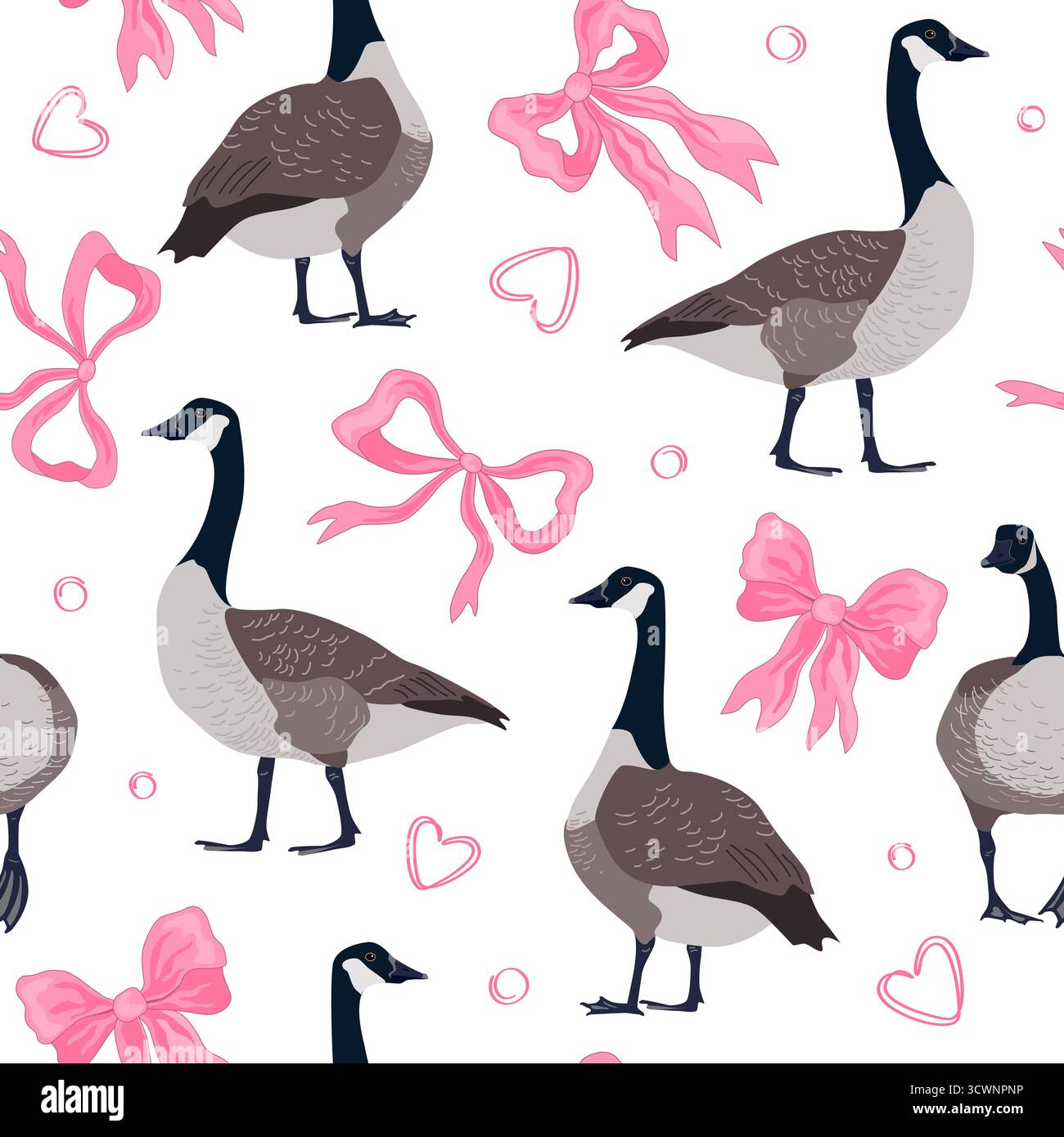 Nahtloses Muster mit rosafarbenen Schleifen und Kanadas-Gänsevögeln. Süßes Mädchen- und Geburtstagsmuster. Vektorabbildung Stock Vektor