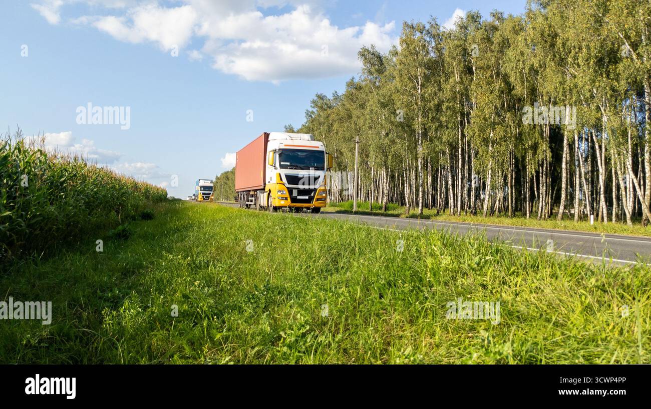 Zwei große Trucks fahren auf einer Landstraße in Bewegung gegen einen blauen Himmel und Wald. Stockfoto