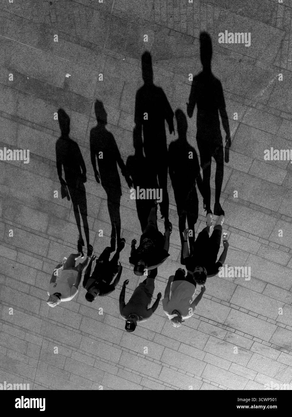 Kontraststarkes Schwarzweiß-Foto von jungen Menschen, die gehen und lange Schatten werfen. Geheimnisvolle, dynamische Stimmung. Stockfoto
