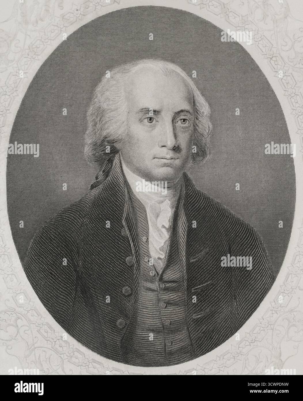 James Madison (1751-1836). Amerikanischer Staatsmann, Diplomat und Gründervater. 4. Präsident der Vereinigten Staaten von Amerika (1809-1817). Hochformat. Kupferstich von C. Cook nach Gilbert Stuart (1755-1828). Geschichte der Vereinigten Staaten von Amerika, von J. A. Spencer. Band III. Ausgabe in Barcelona, 1873. Stockfoto