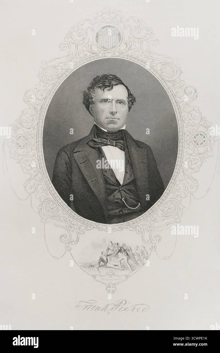 Franklin Pierce (1804-1869). Amerikanischer Politiker und General. 14. Präsident der Vereinigten Staaten von Amerika (1853-1857). Er glaubte, dass die abolitionistische Bewegung eine grundlegende Bedrohung für die nationale Einheit darstelle. Pierce entfremdete Anti-Sklaverei-Gruppen, indem er den Kansas-Nebraska Act unterzeichnete und den Flüchtigen-Sklaven-Act durchsetzte. Hochformat. Kupferstich von J. Rogers (ca. 1808-ca. 1888), ca. 1860. Geschichte der Vereinigten Staaten von Amerika, von J. A. Spencer. Band III. Ausgabe in Barcelona, 1873. Stockfoto