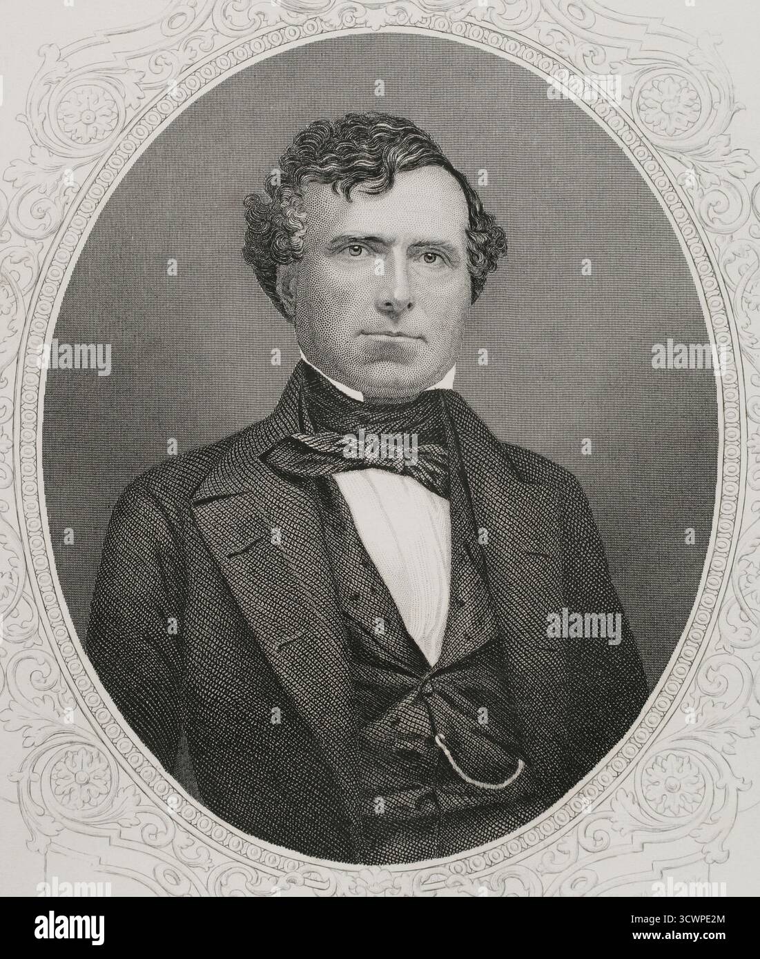Franklin Pierce (1804-1869). Amerikanischer Politiker und General. 14. Präsident der Vereinigten Staaten von Amerika (1853-1857). Er glaubte, dass die abolitionistische Bewegung eine grundlegende Bedrohung für die nationale Einheit darstelle. Pierce entfremdete Anti-Sklaverei-Gruppen, indem er den Kansas-Nebraska Act unterzeichnete und den Flüchtigen-Sklaven-Act durchsetzte. Hochformat. Kupferstich von J. Rogers (ca. 1808-ca. 1888), ca. 1860. Geschichte der Vereinigten Staaten von Amerika, von J. A. Spencer. Band III. Ausgabe in Barcelona, 1873. Stockfoto