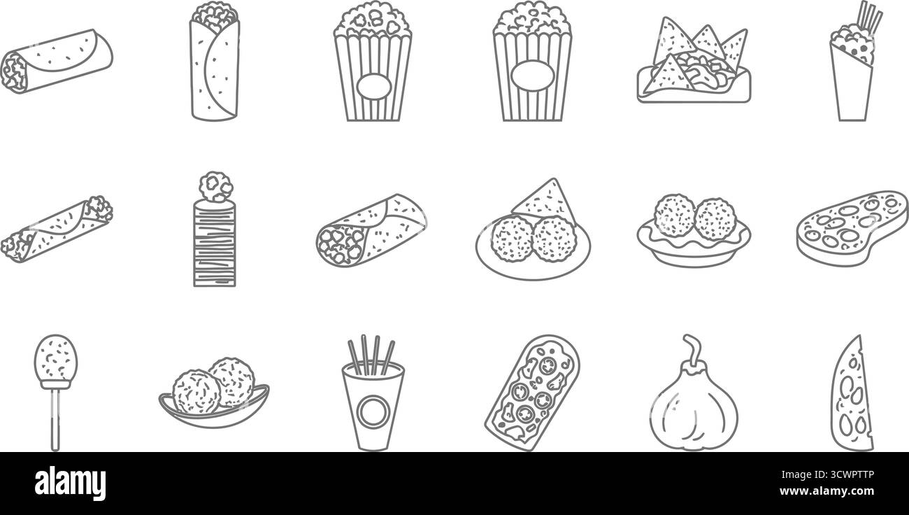Sammlung von Fast Food-Doodles mit Pizza, Burrito, Popcorn, Nachos und anderen köstlichen Snacks Stock Vektor