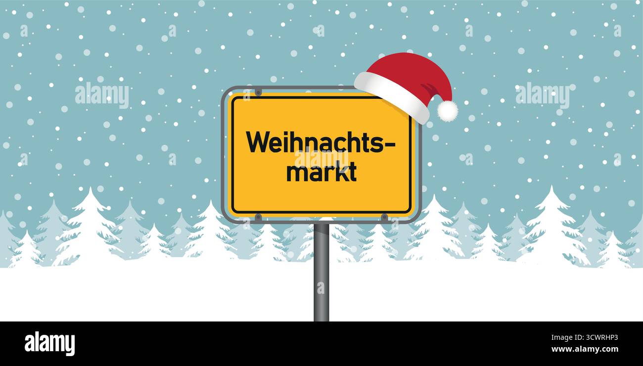 Platzieren Sie Schild mit deutschem Wort weihnachtsmarkt in der verschneiten Winterlandschaft Vektor-Illustration Stock Vektor
