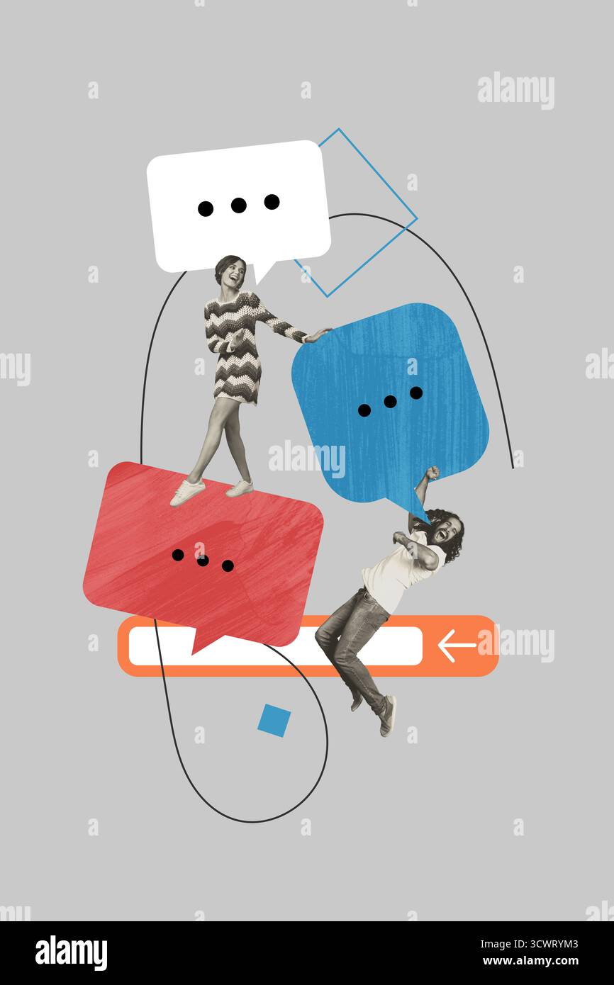 Sketch-Bild-Artwork Composite 3D-Fotocollage von zwei jungen Freunden Mann Dame Hang Lächeln Sprache Cloud Dialog Talk Say Message App Stockfoto