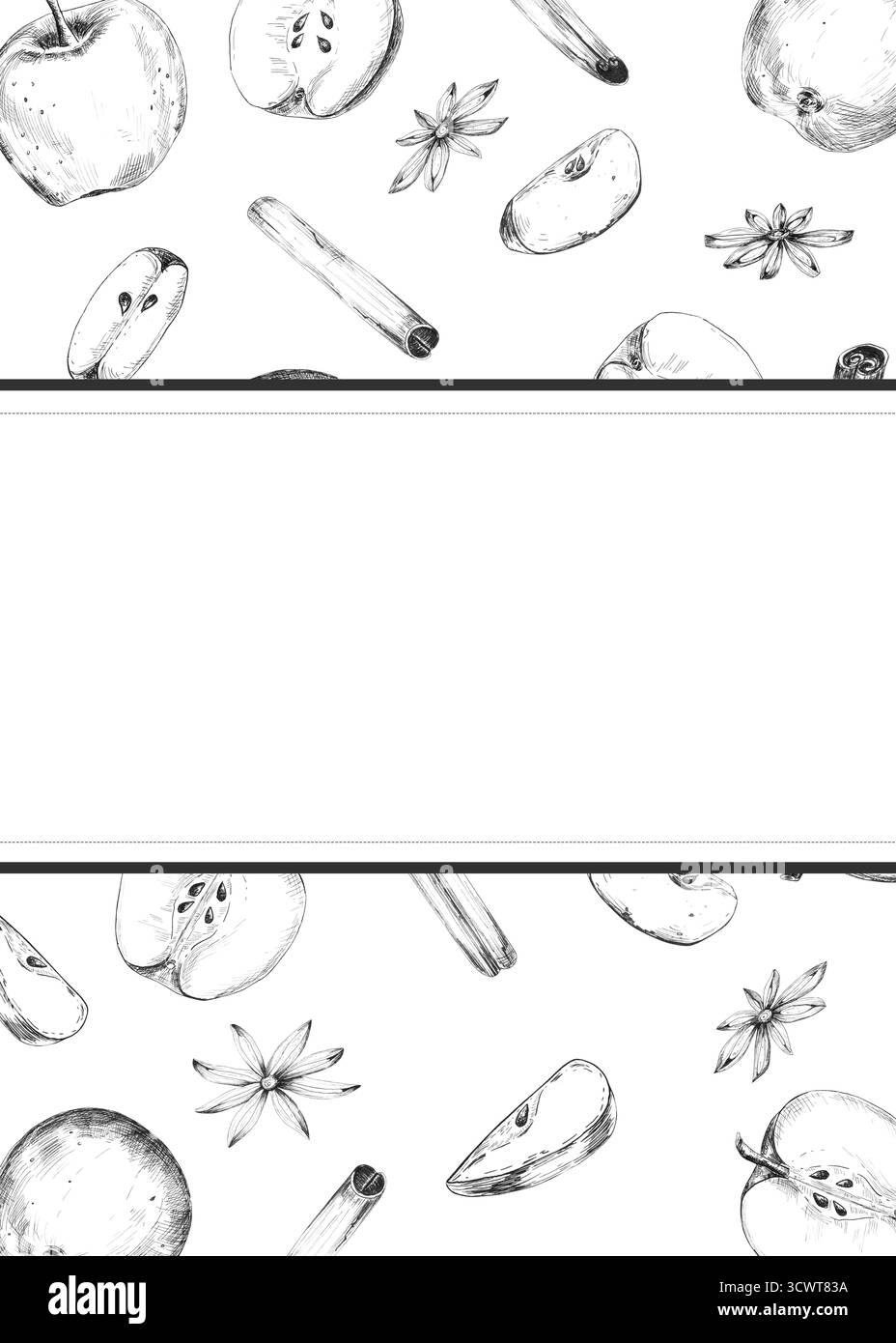 Rechteckige Postkarte oder Einladung von Äpfeln, Zimtzecken und Sternanis. Zeichnung mit Schwarzweiß-Tinte, Strichgrafik. Food Clipart. Handgezeichnete Illustratio Stockfoto