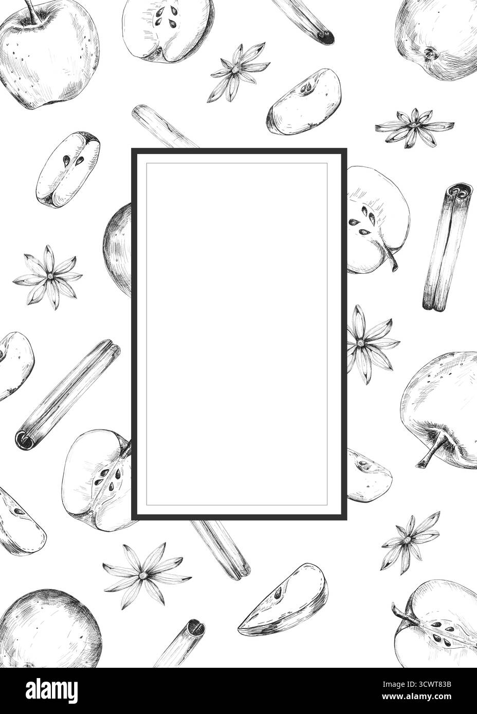 Fertige rechteckige Postkarte oder Einladung aus Äpfeln mit Tinte, Zimtzecken und Sternanis. Grafische Schwarzweißzeichnung, handgezeichnete Illustraten Stockfoto