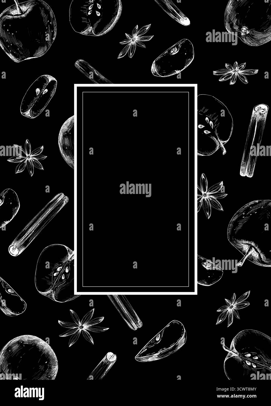 Rechteckige Postkarte oder Einladung von Äpfeln, Zimtzecken und Sternanis. Zeichnung mit Schwarzweiß-Tinte, Strichgrafik. Food Clipart. Handgezeichnete Illustratio Stockfoto
