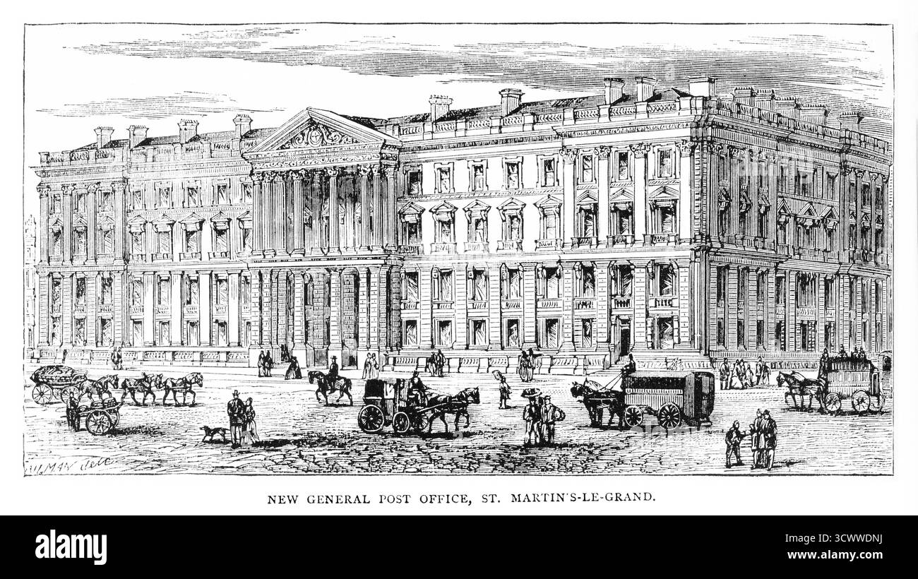 Ein Kupferstich des General Post Office Gebäudes aus dem 19. Jahrhundert in St. Martin's Le Grand London. Es war zwischen 1829 und 1910 Sitz des General Post Office und Hauptpostamt für London. Das Gebäude wurde 1912 abgerissen Stockfoto