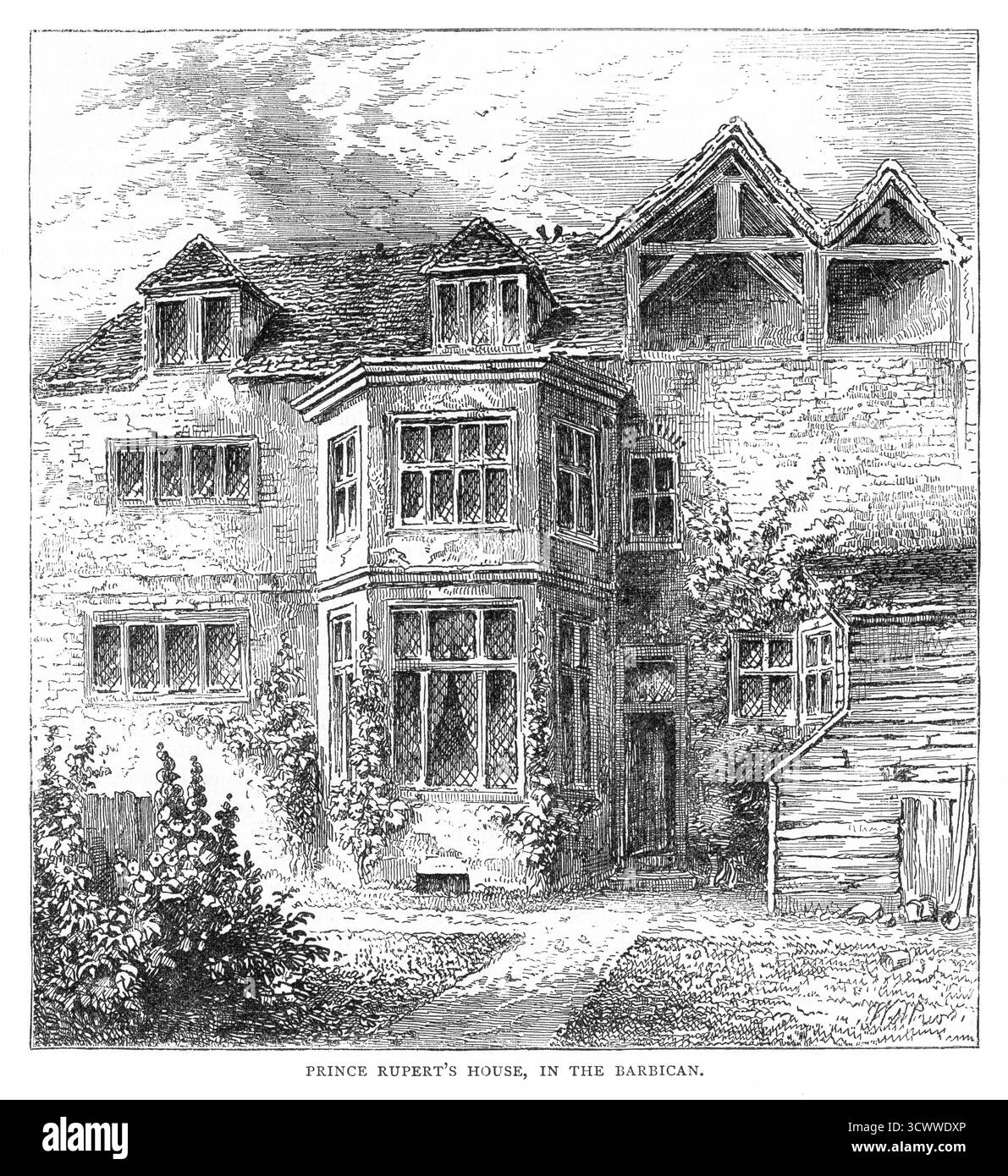 Ein Stich aus dem 19. Jahrhundert des Hauses von Prinz Rupert in Barbican, London. Das Haus wurde 1897 abgerissen Stockfoto Ein Stich aus dem 19. Jahrhundert des Hauses von Prinz Rupert in Barbican, London. Das Haus wurde 1897 abgerissen Stockfoto