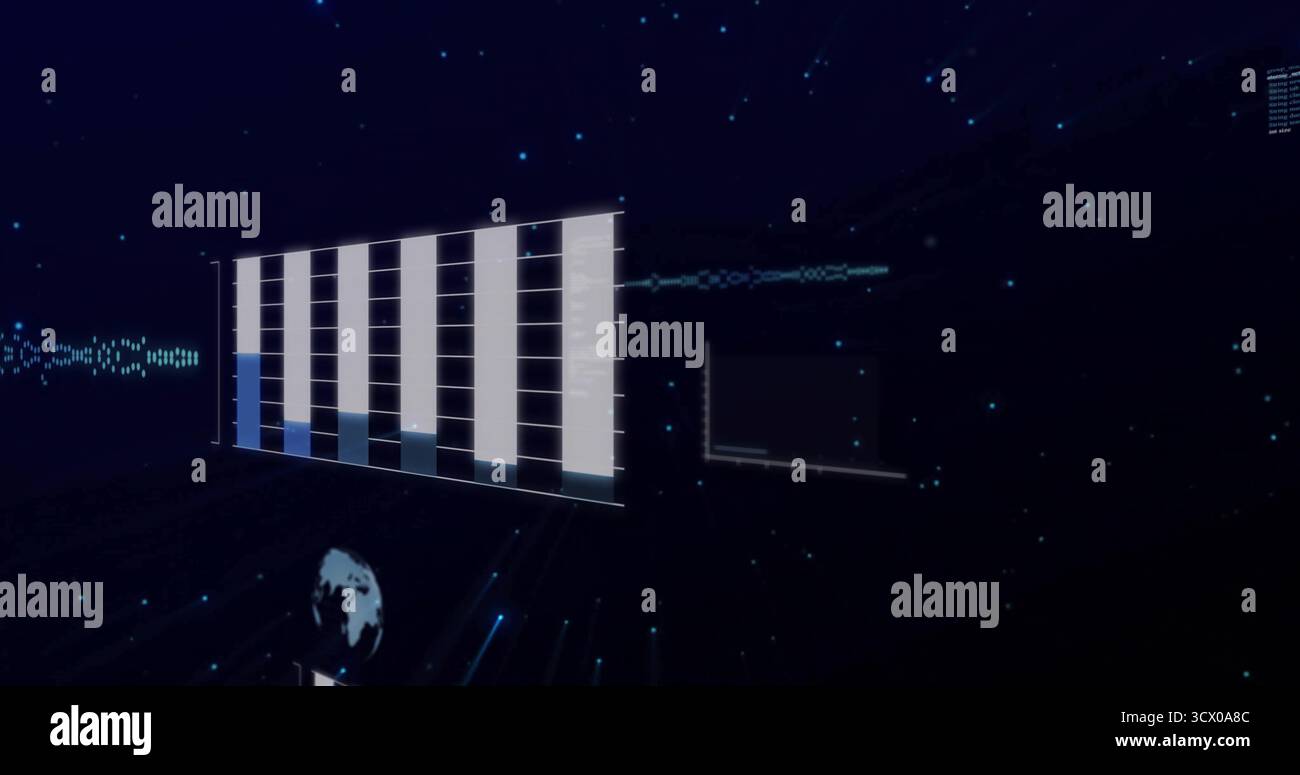 Anzeige eines beweglichen 3D-Balkendiagramms in dunkler Oberfläche mit einem rasterartigen Liniendiagramm und Datenströmen Stockfoto