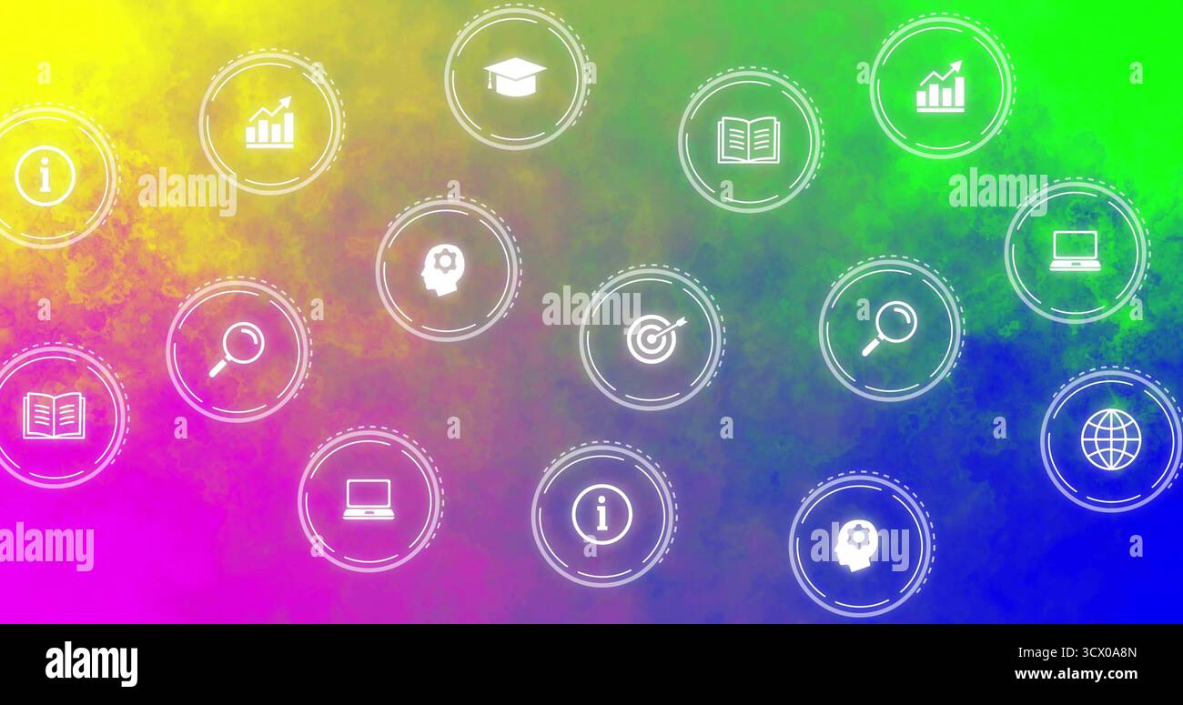 Mit dem Mauszeiger über dem Hintergrund digitaler Kunst schwebende Symbolcluster mit Symbolen für Informationen und Analysen Stockfoto