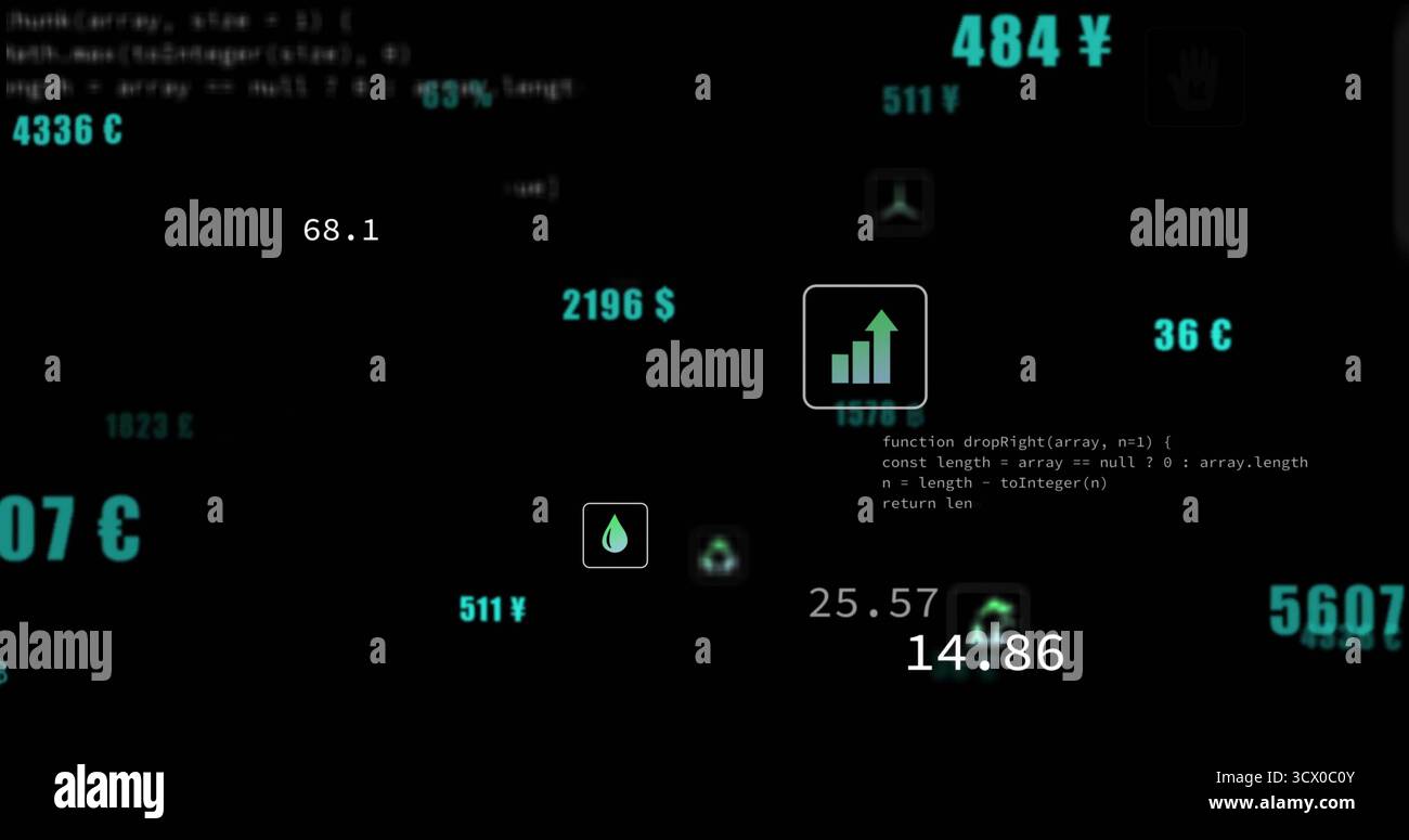 Anzeigen des Diagrammsymbols mit Aufwärtspfeil im Daten-Dashboard mit Tröpfchen- und Recyclingsymbolen Stockfoto