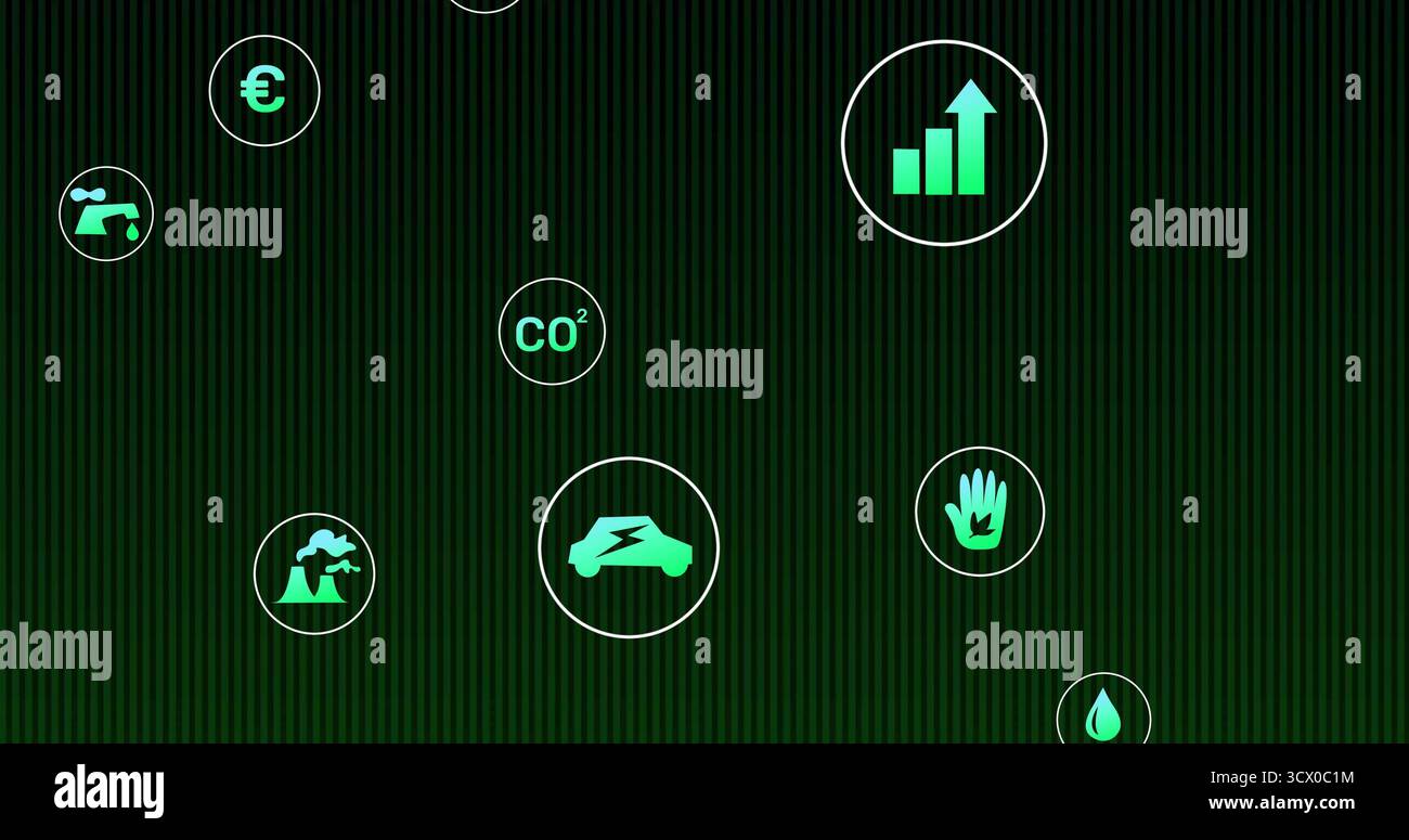 Symbol für Elektrofahrzeuge leuchtet auf dunkelgrünen Streifen und zeigt Symbole für CO?, Balkendiagramm, Euro und Blatt Stockfoto