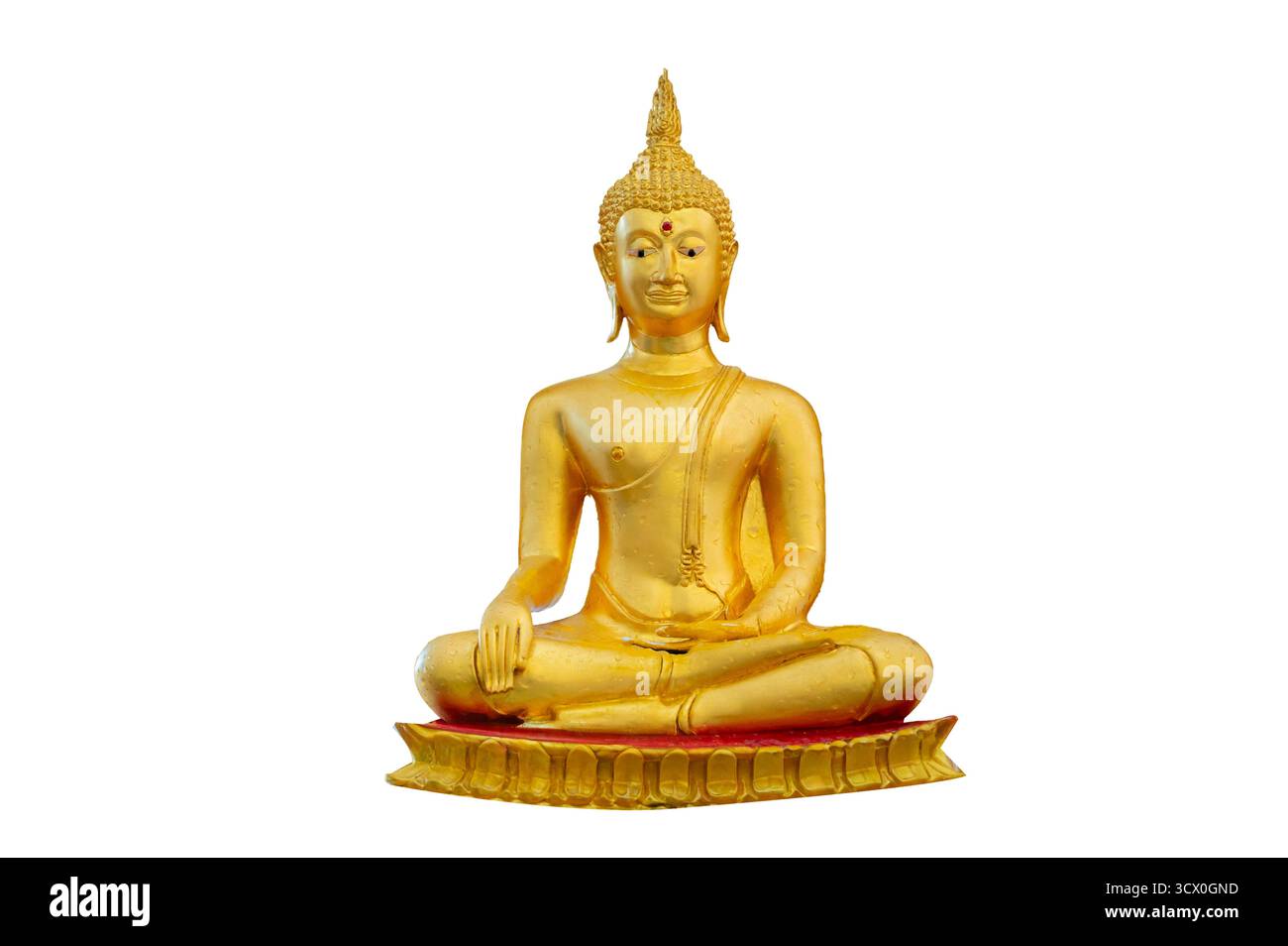 Goldene Buddha-Statue, die isoliert auf weißem Hintergrund meditiert Stockfoto