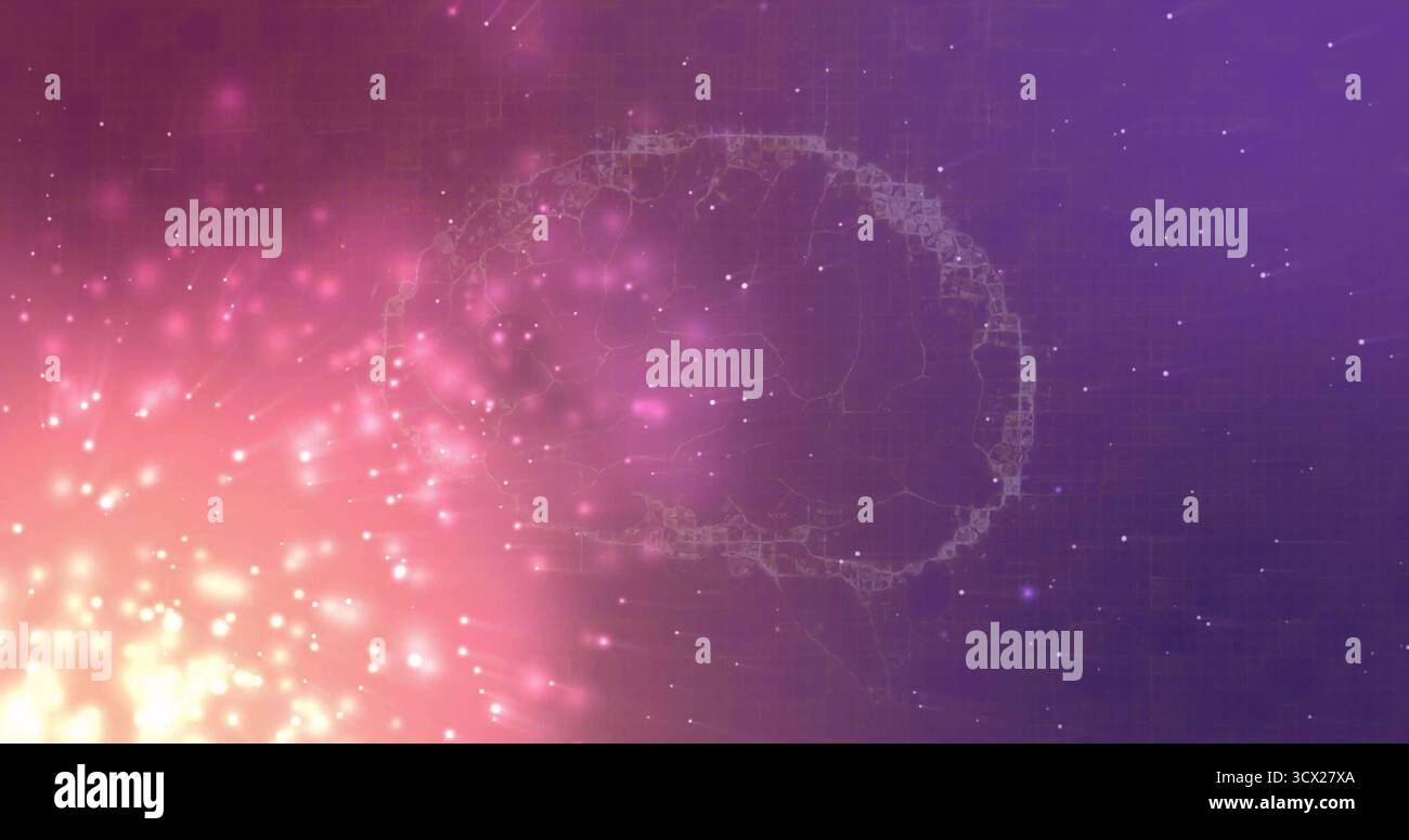 Die Drahtmodellkontur leuchtet vor violettem Gitterhintergrund und zeigt Partikel an Stockfoto