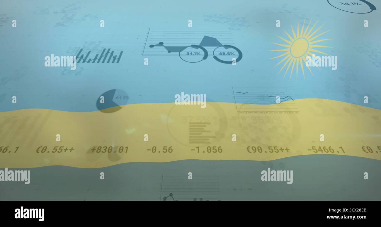 Anzeige des Armaturenbretts über einem geteilten blassblauen und gelben Hintergrund mit Datenvisualen und Sonnensymbol Stockfoto