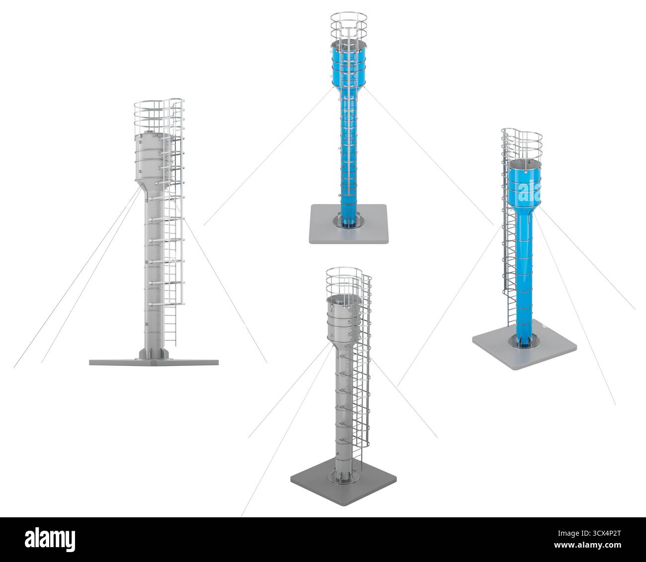 Wasserturm mit Leiter, verschiedene Winkel. 3D-Rendering isoliert auf weißem Hintergrund Stockfoto