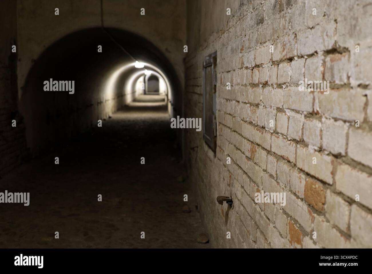 Alter Backsteintunnel mit schwacher Beleuchtung. Dunkler unterirdischer Korridor mit gewölbter Decke, Konzept der Geschichte, verlassene Orte oder Spannung Stockfoto