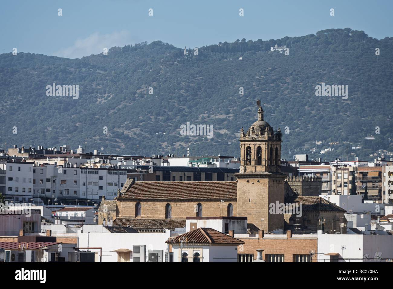 Santa Marina erhebt sich über den Dächern von Córdoba mit seinem Steinturm und seinen Stützen, eingerahmt von weiß getünchten Mauern und den Bergen der Sierra in der Ferne. Stockfoto