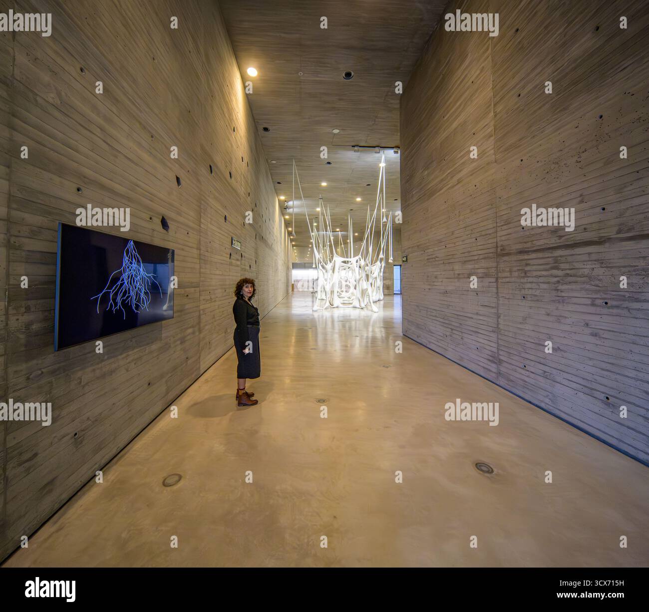 Besucher können sich auf der C3A Cordoba mit Ernesto Netos textiler Skulptur beschäftigen, wo elastische Membranen sich über einen Betonraum erstrecken und so die gemeinsamen Erfahrungen verbessern Stockfoto