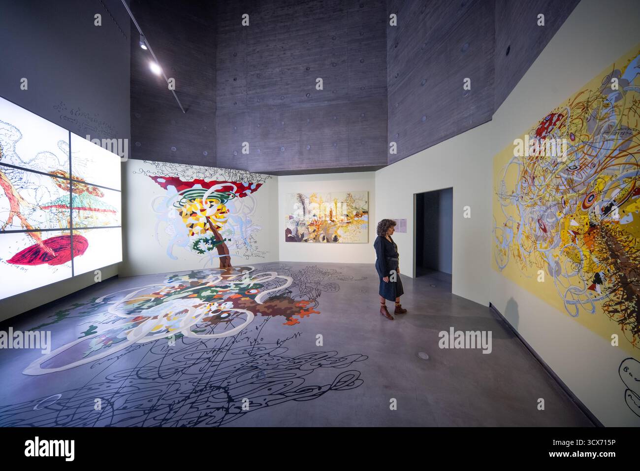 Besucher erleben Matthew Ritchies Mixed-Media-Arbeit auf der C3A und tauchen in farbenfrohe Tafeln und wirbelnde Formen ein, die einzigartige Geschichten über Ökologie erzählen. Stockfoto