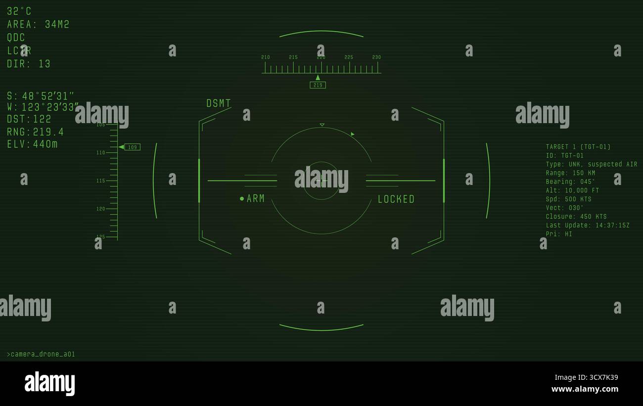 Kriegsdrohnen-Videokamera-Overlay auf grünem Hintergrund Stock Vektor