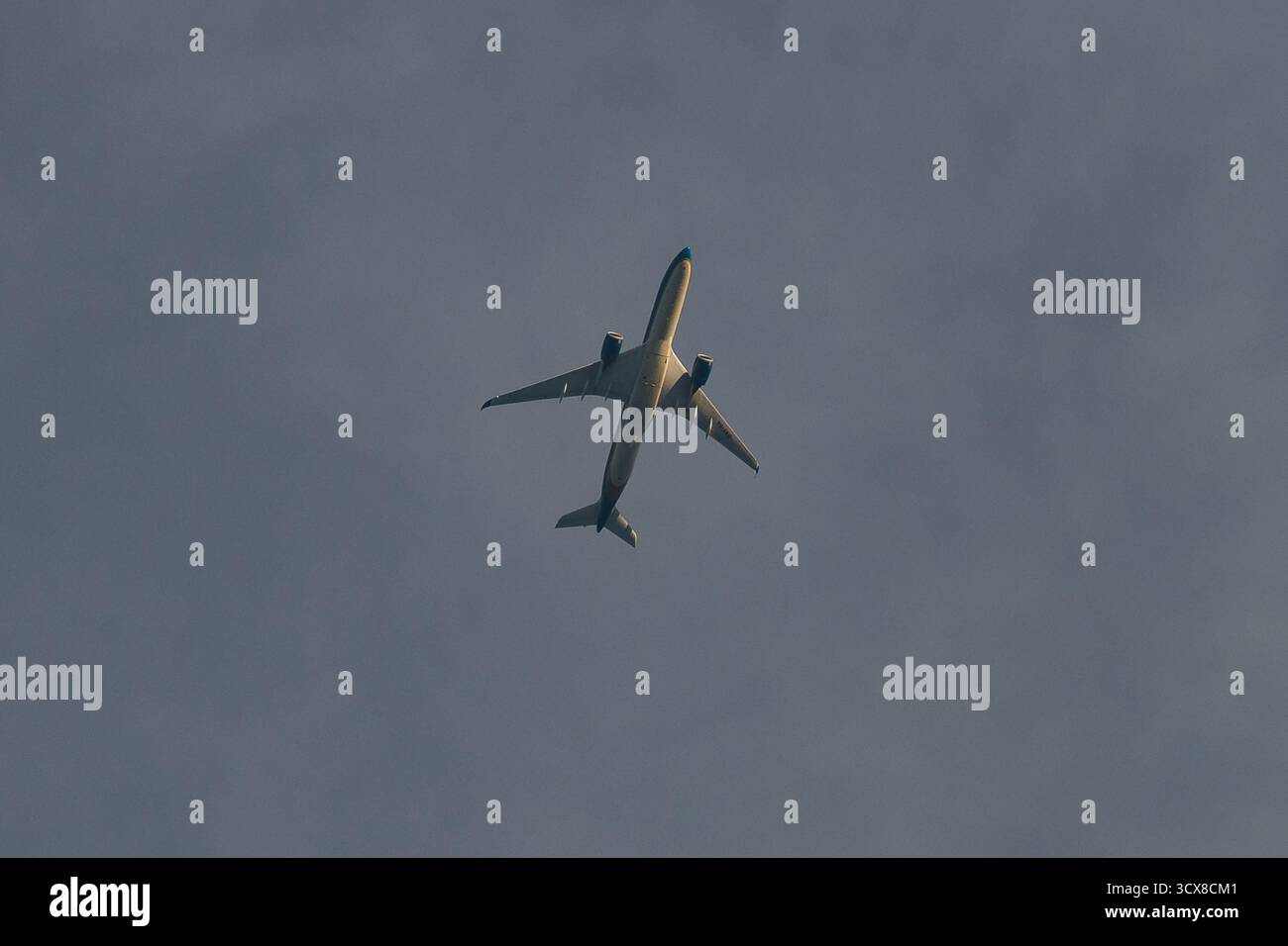 Die Unterseite eines Vietnam Airlines Airbus A350-941, der durch schroffe Wolken fliegt. Kanagawa, Japan. Stockfoto
