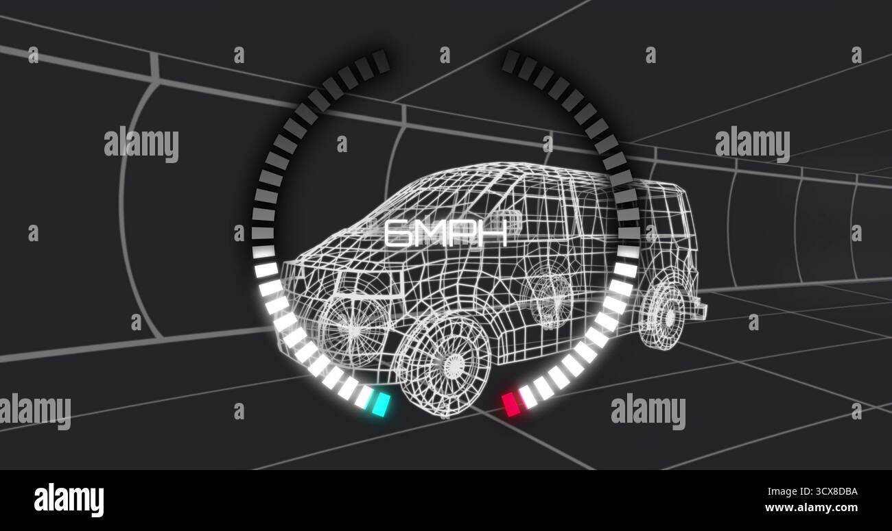 Zeigt ein Drahtmodell-SUV-Modell, das durch einen gerasterten Tunnel fährt, mit einer Überlagerung des 6-MPH-Tachometers Stockfoto
